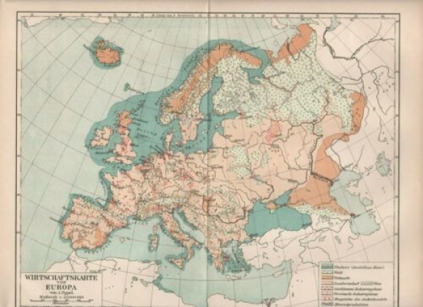 1908 - alter Druck - Wirtschaftskarte Europa